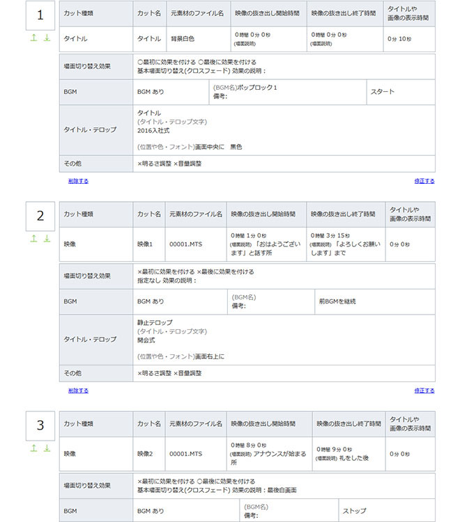 編集指示の作成例の画面イメージ